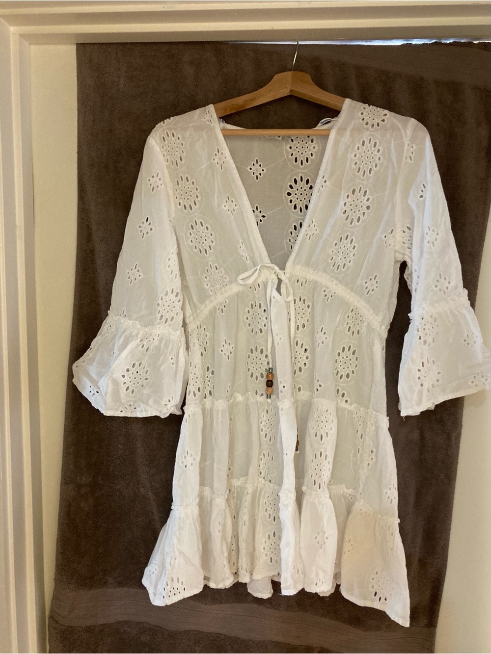 blue island White Eyelet Tie-Front Tunic